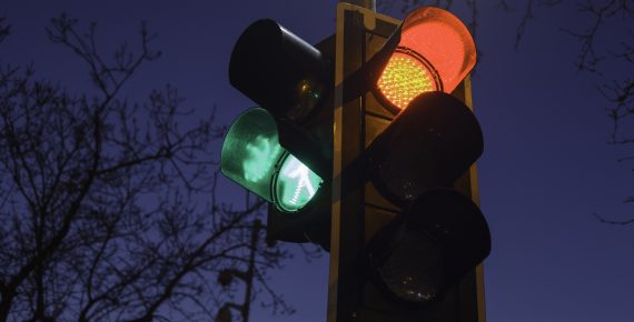 Red traffic light and green pedestrian light
