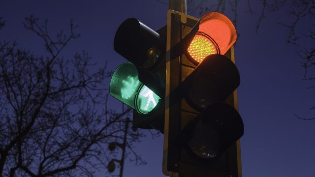Red traffic light and green pedestrian light